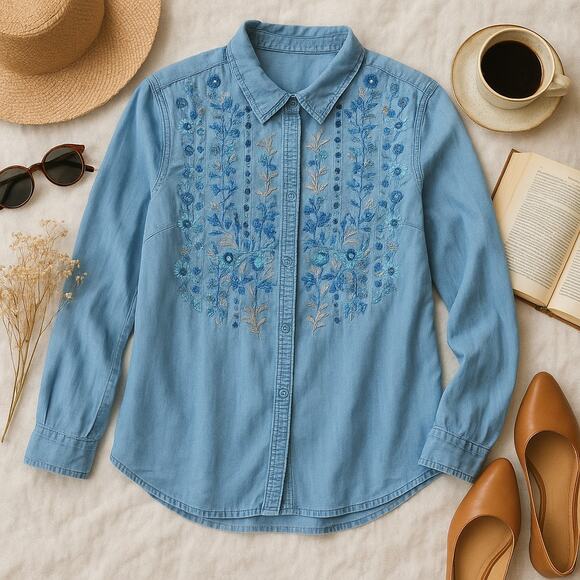 Driftwood Lana Floral Embroidered Chambray Shirt Blue Tencel Boho Womens Small - Picture 1 of 10
